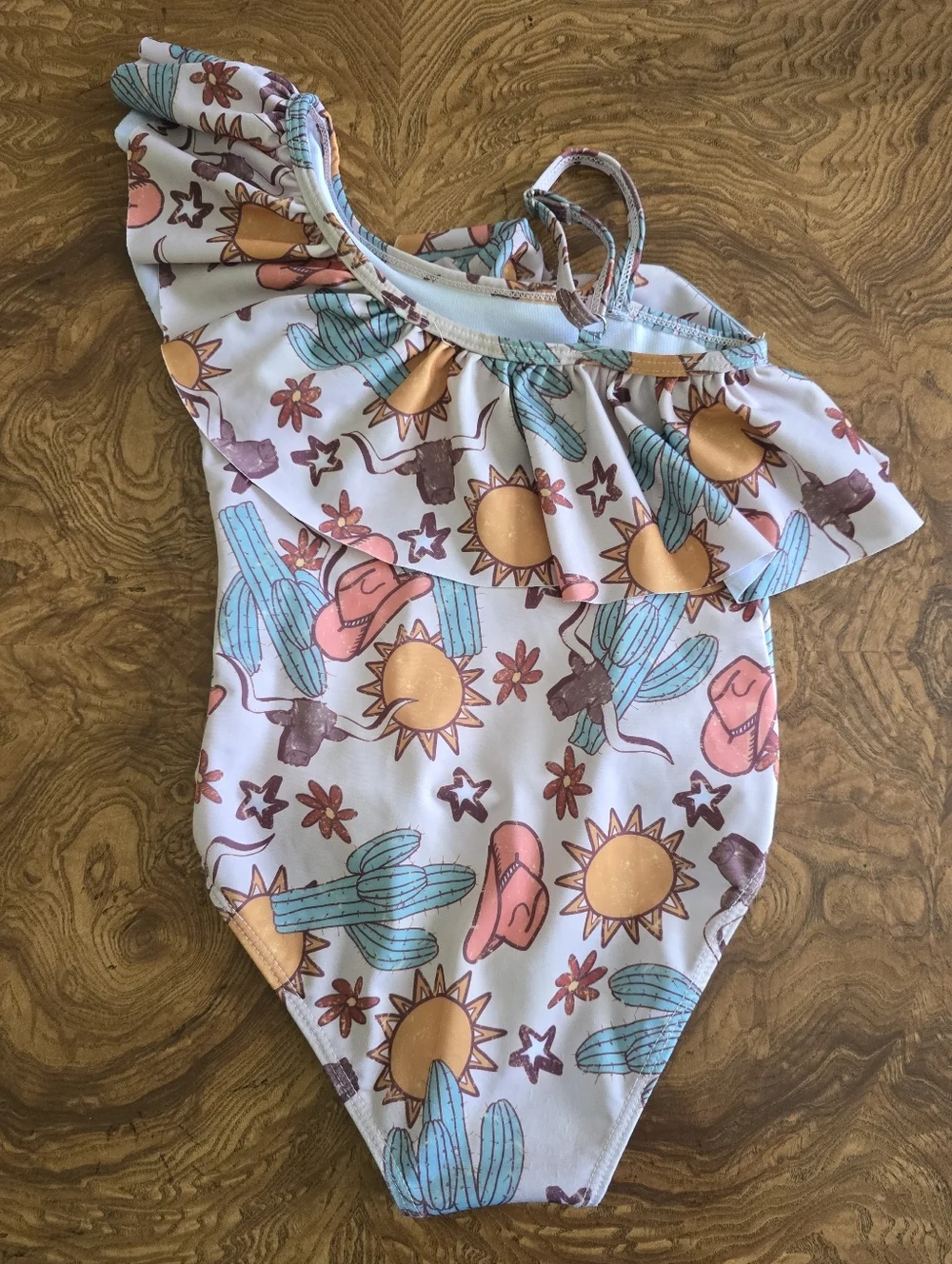 Girls Western Cactus & Cowboy Hat One-Shoulder Ruffle One-Piece Swimsuit Size 4T